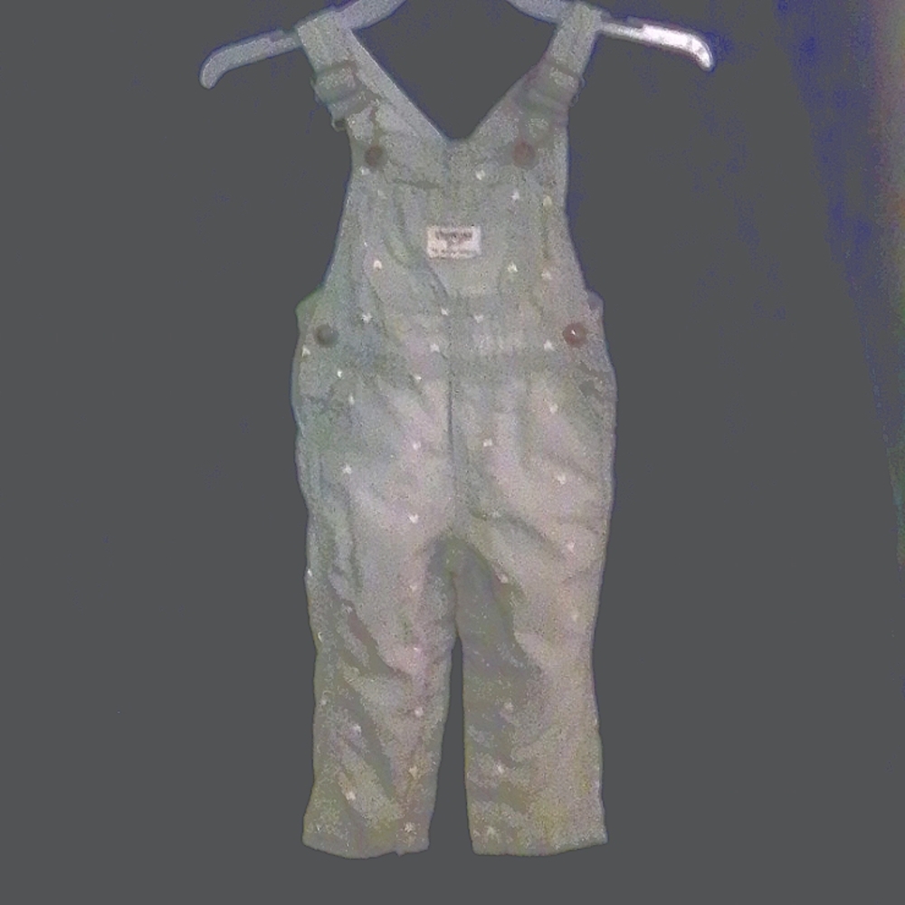Baby girl size 12 mo OSH KOSH light green overalls with little white hearts